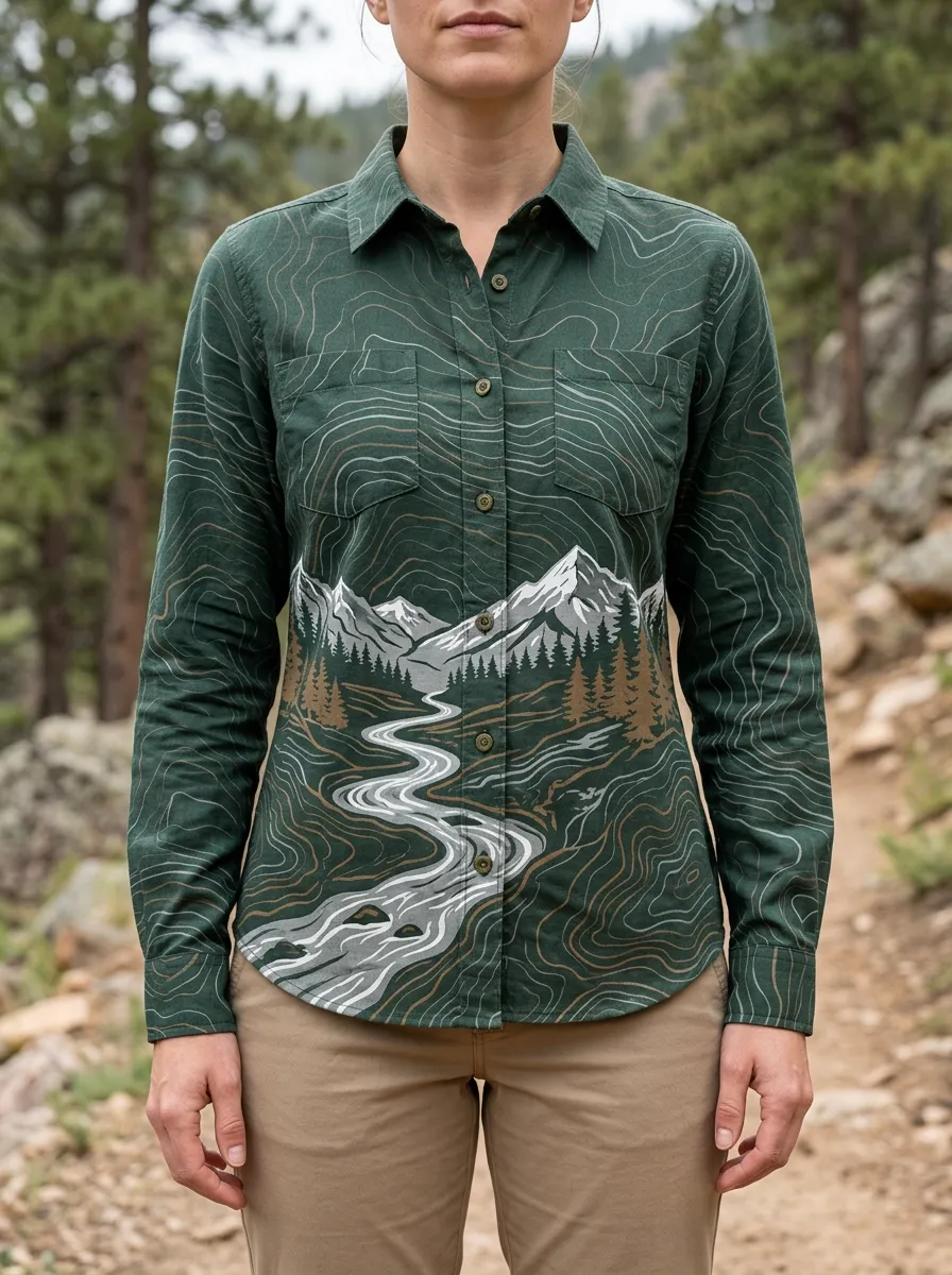 Women's Hiking Lover Mountain River Topographic Printed Shirt