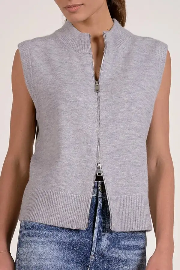 Grey Zip Front Sleeveless Knit Vest