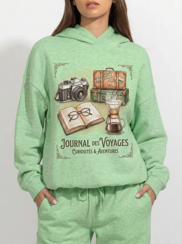 Women's Travel-Inspired Camera Suitcase Coffee Printed Hoodie