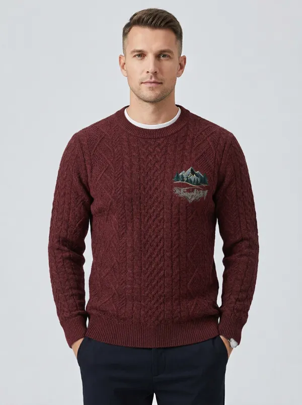 Men's Charcoal Grey Nature Mountain Forest Embroidered Knit Sweater