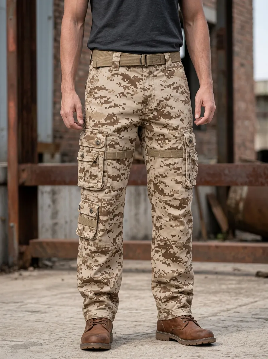 Men's Desert Digital Camo Multi-Pocket Straight Leg Cargo Pants