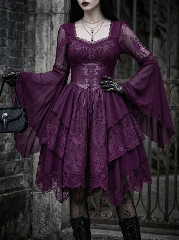 Women's Gothic Victorian Lace Corset Bell Sleeve Mini Dress