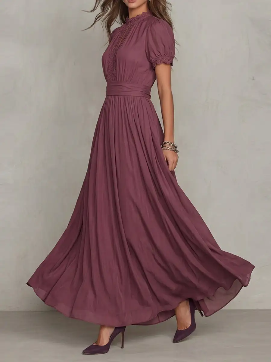Pleated Buttoned Neck Maxi Dress