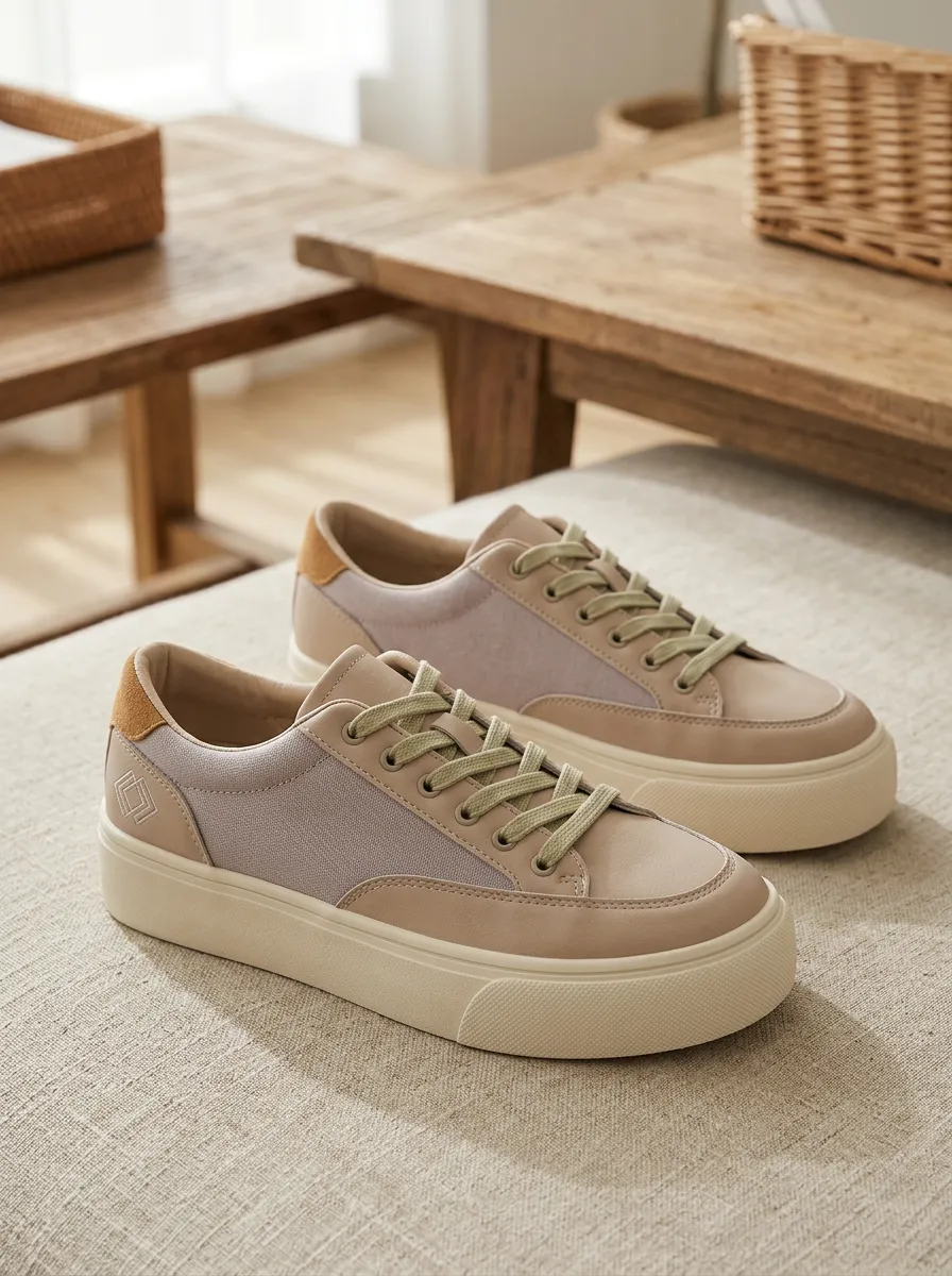 Women's Minimalist Beige Canvas Suede Patchwork Printed Sneakers