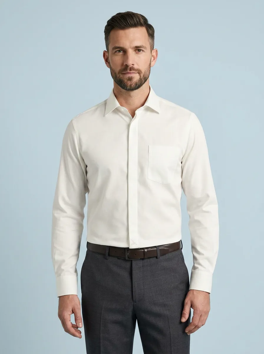 Men's Non-Iron Cotton Solid White Long Sleeve Dress Shirt