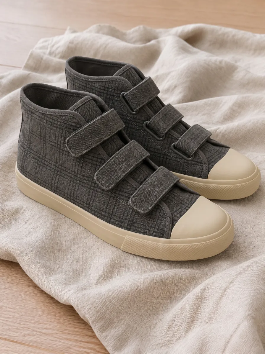 Men's Grey Plaid Pattern Velcro Strap Printed Canvas Shoes