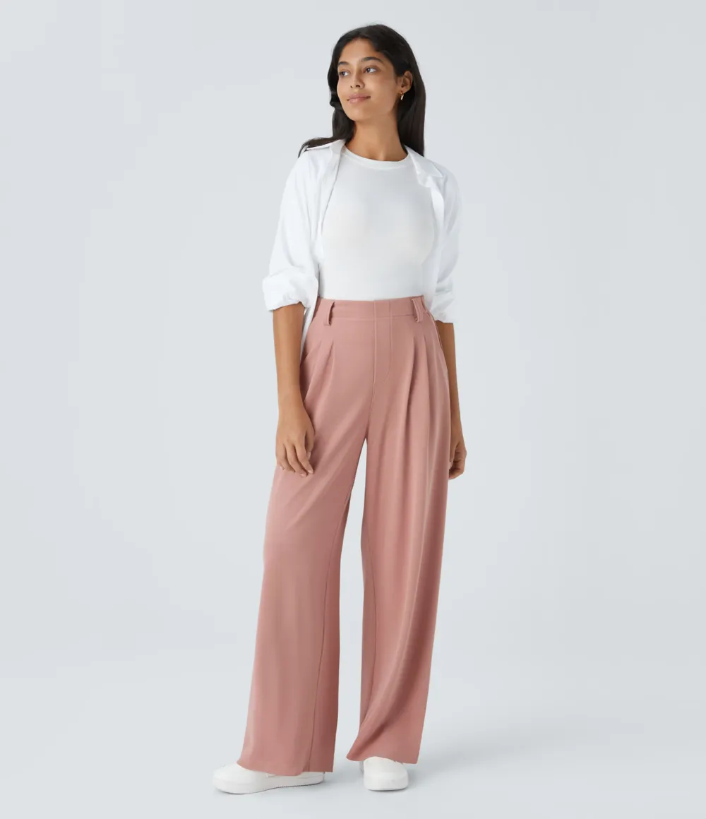  High Waisted Plicated Side Pocket Wide Leg Waffle Work Pants