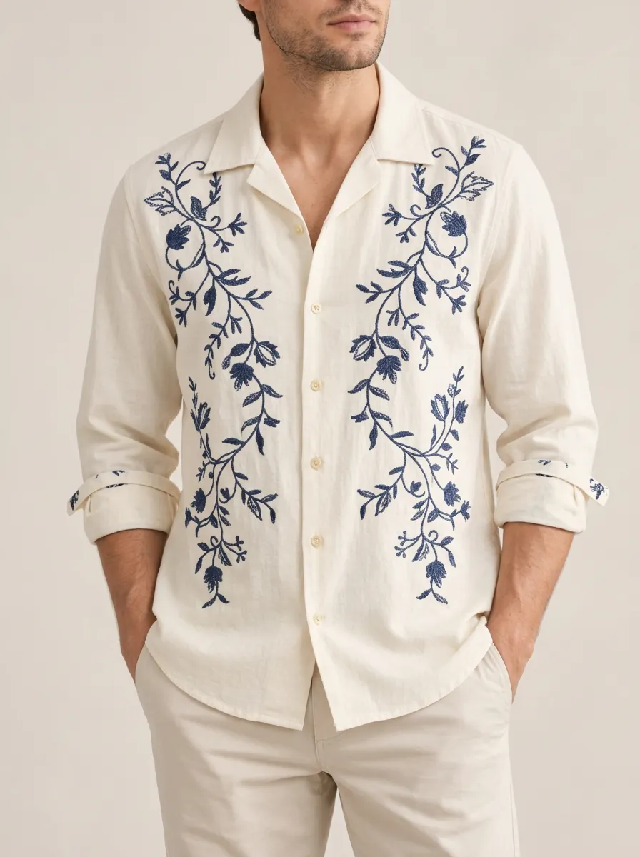Men's Linen Blend Floral Embroidered Shirt