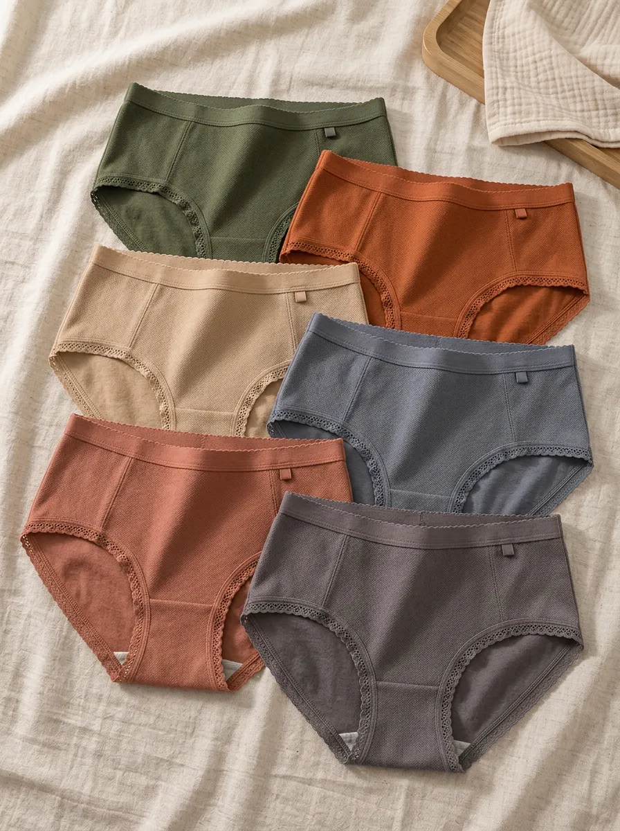 Women's Solid Color Lace Trim Cotton Briefs Set