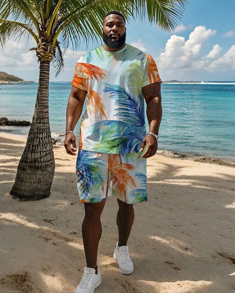 Big & Tall Men'S Hawaiian Colorful Coconut Graffiti Print Round Neck Short Sleeve T-Shirt Shorts Suit