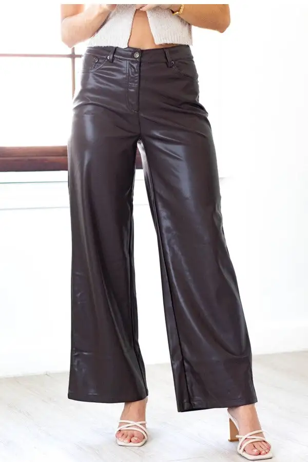 Black Faux-Leather Wide-Leg Trousers
