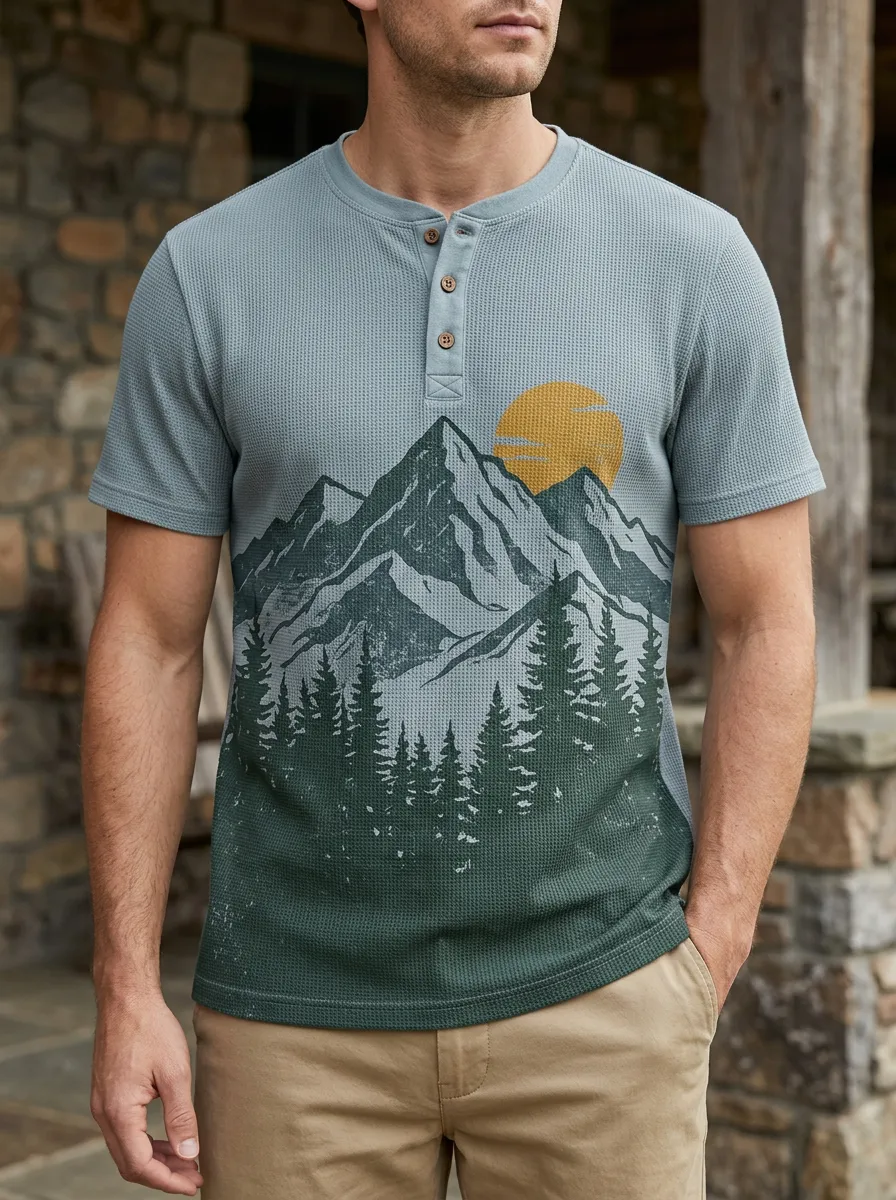 Men's Relaxed Mountain Forest Sunset Henley T-Shirt
