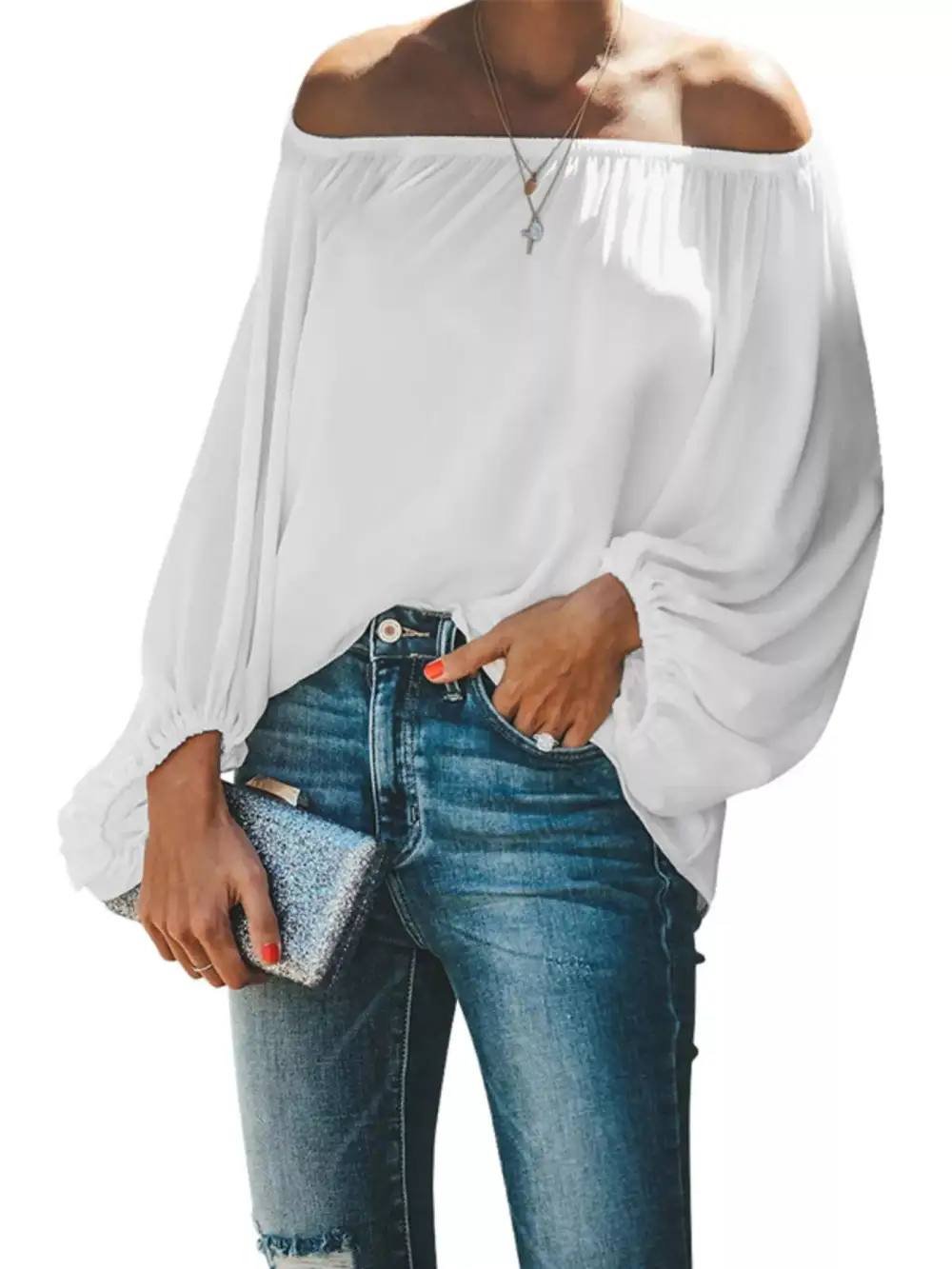 Shoulder Balloon Sleeve Blouse Plus