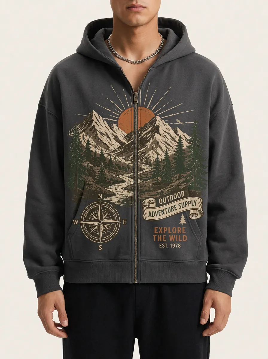 Men's Drawstring Hoods Graphic Print Full-Zip Hoodie