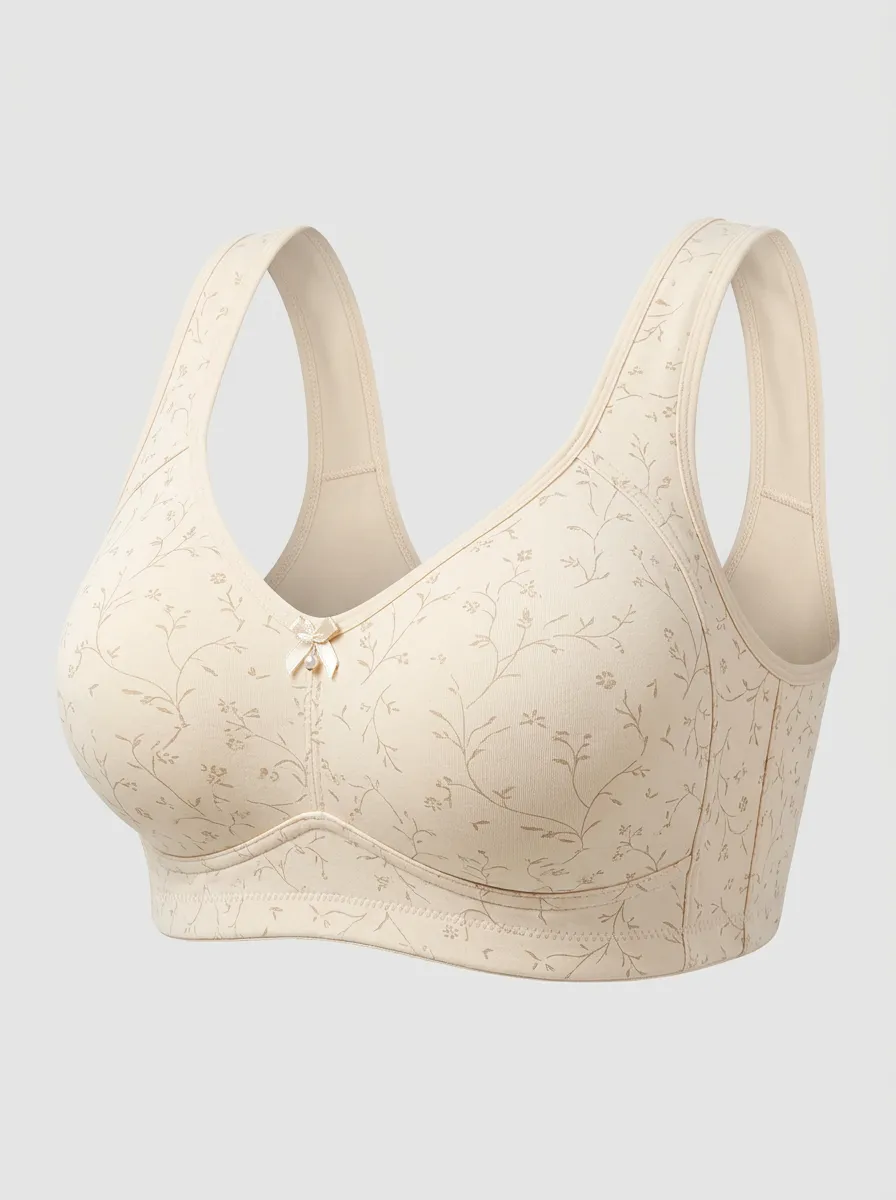 Women's Plus Size Beige Floral Vine Full-Coverage Wide-Strap Wireless Bra