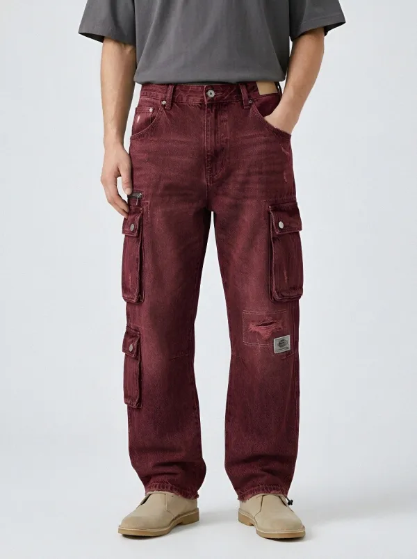 Men's Mid-Blue Distressed Charcoal Cargo Pants