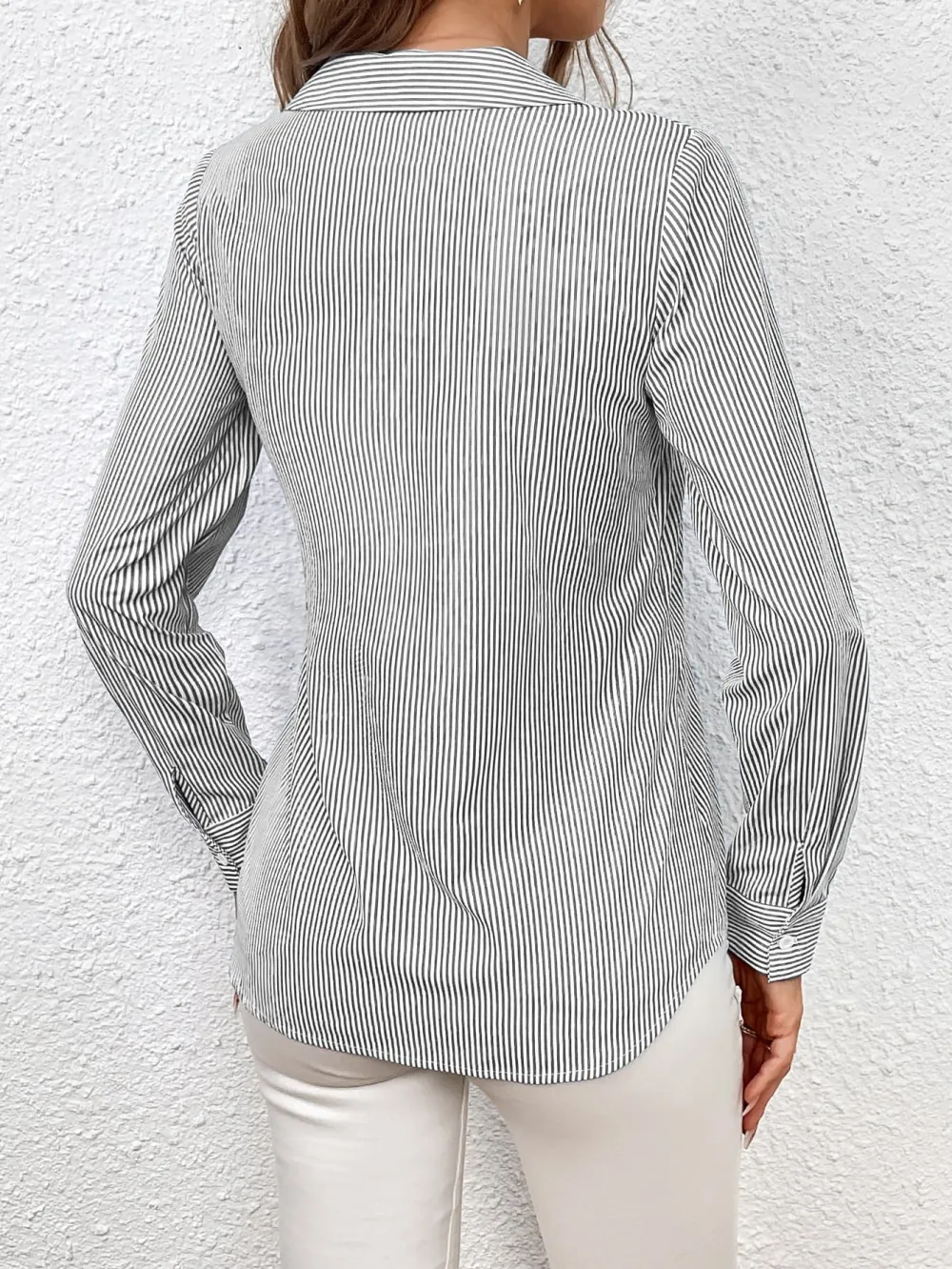 Tie-Waist Johnny-Collar Long-Sleeve Sheer Blouse