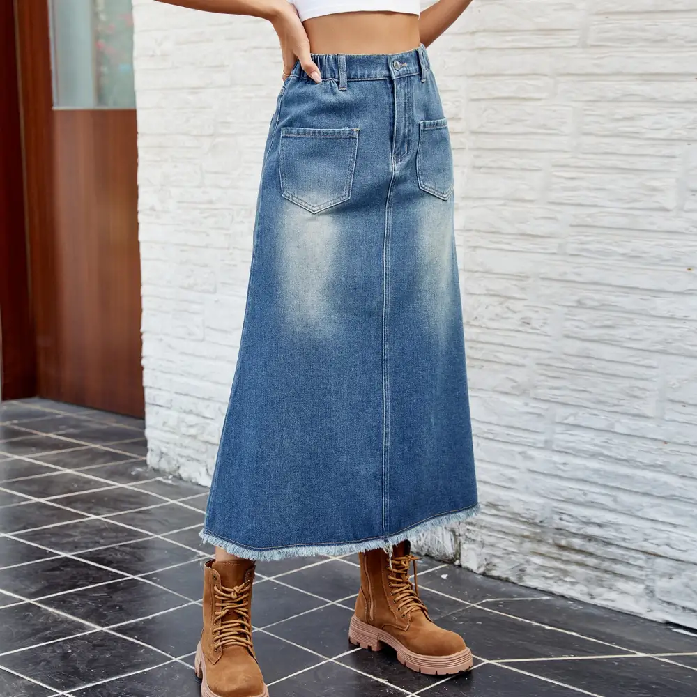 Structured Mid-Length Washed Denim Skirt