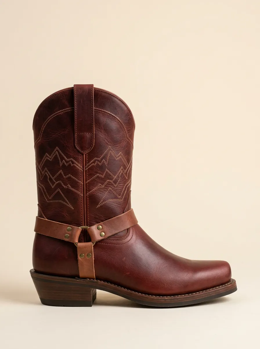 Men's Harness-Strap Tonal-Stitch Mid-Calf Western Boots