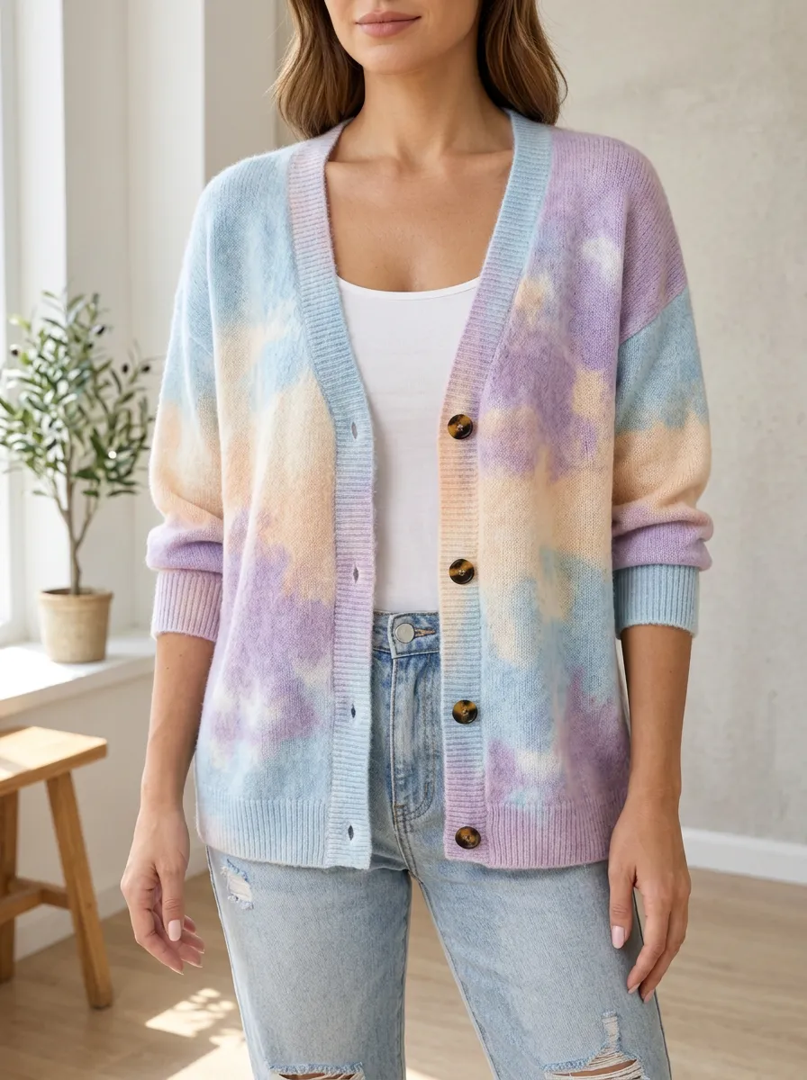 Women's Pastel Tie-Dye Pattern Printed Textured Knit Wardrobe Layering Cardigan