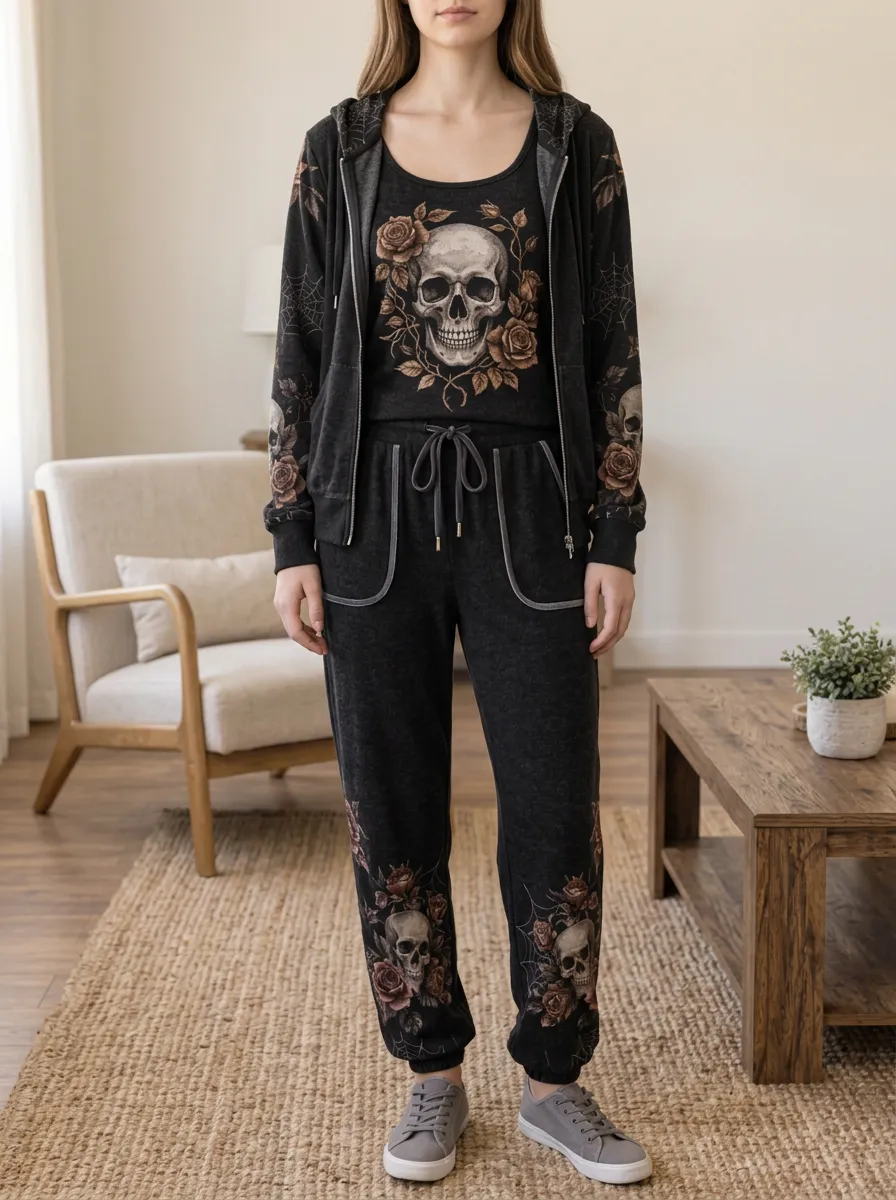 Women's Halloween Gothic Skull Rose Hooded Jacket Jogger Set