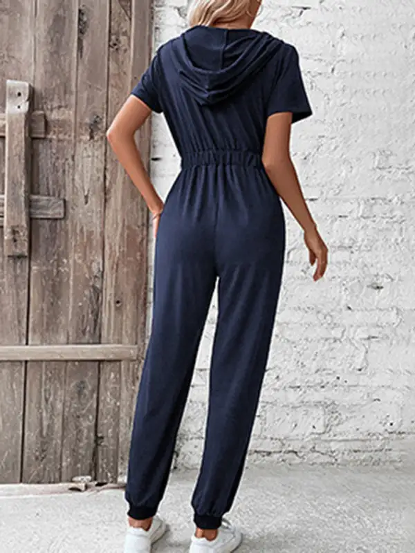 Hooded Zip Loose Cargo Jumpsuit