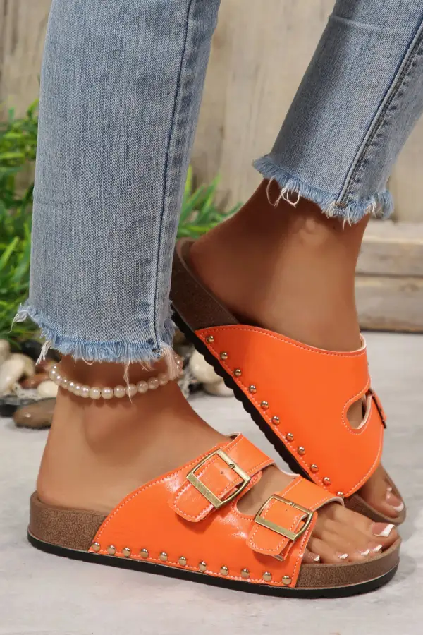 Detailed Studded Leather Buckle Strappy Flat Sandals
