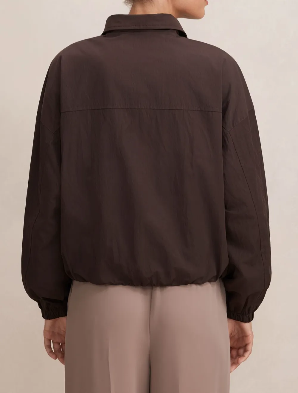Dark Brown Button-Front Drawstring Hem Windbreaker