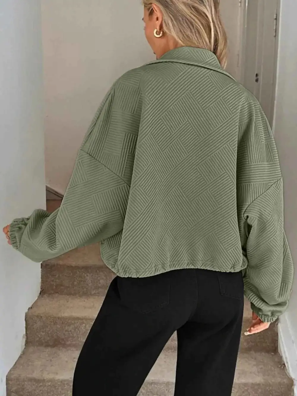 Drawstring Hem Textured Long Sleeve Jacket