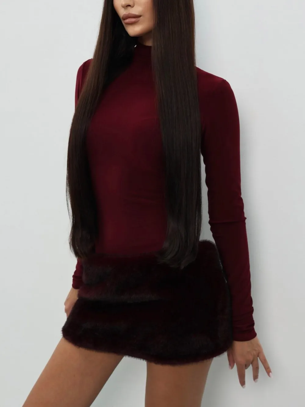 High Neck Knitted Faux Fur Mini Dress