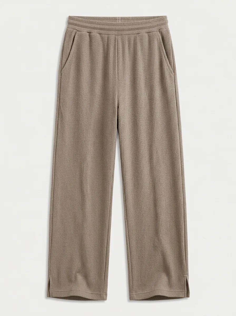 Unisex Casual Solid Taupe Waffle Knit Elastic Waist Lounge Pants