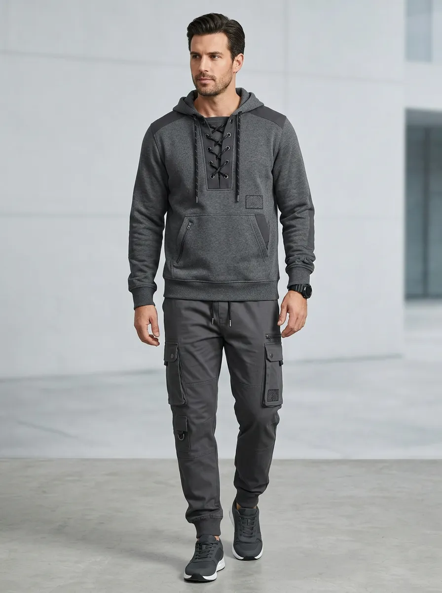 Urban Lace-Up Multi Pocket Design Men's Lace Up Hoodie And Cargo Jogger Set