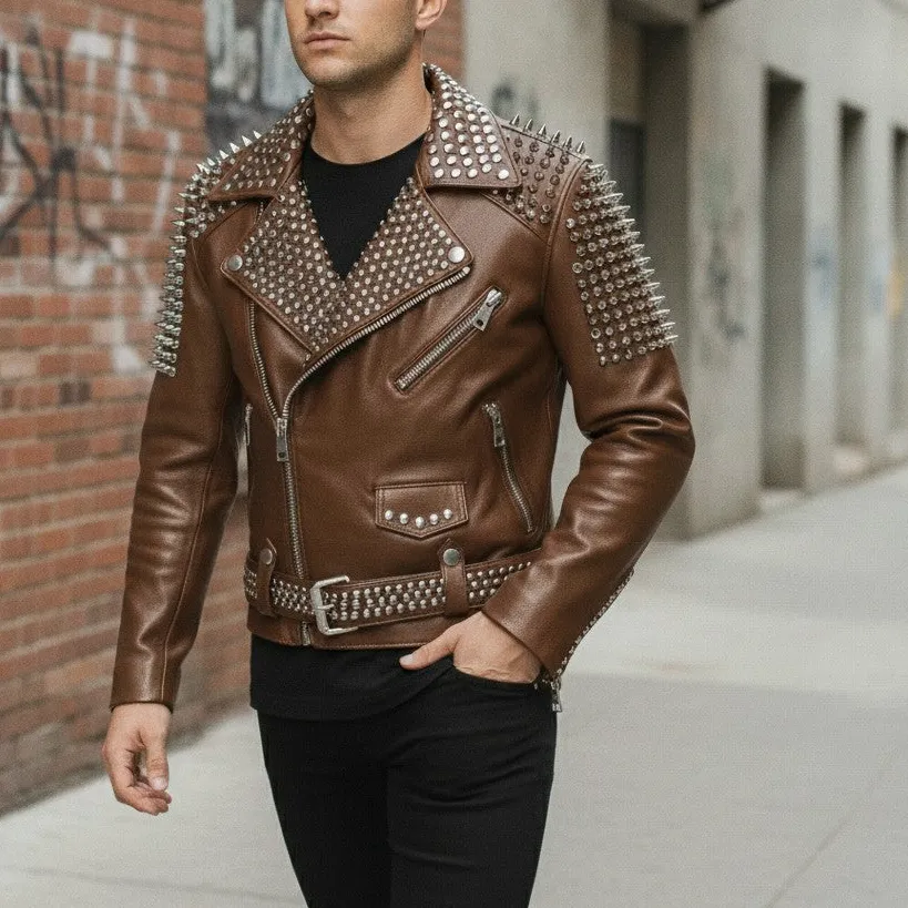 Modern Leather Biker Studded Belted Jacket