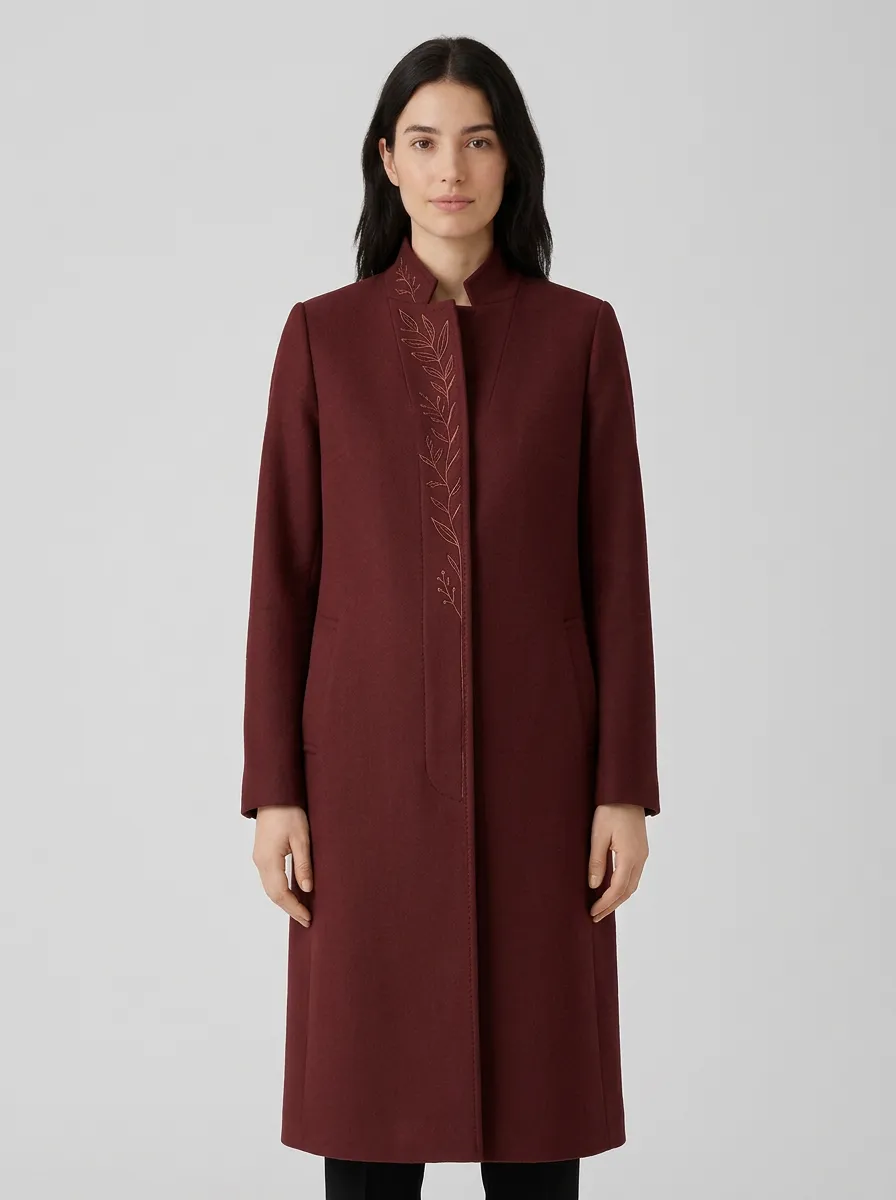 Women's Minimalist Leaf Embroidered Camel Pattern Coat