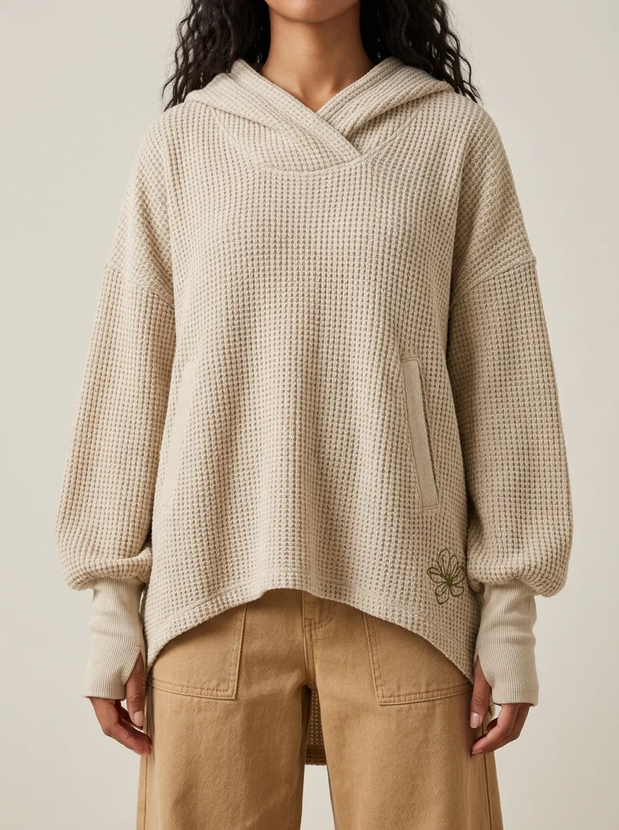 Women's Floral Lover Beige Waffle Knit Printed Hoodie
