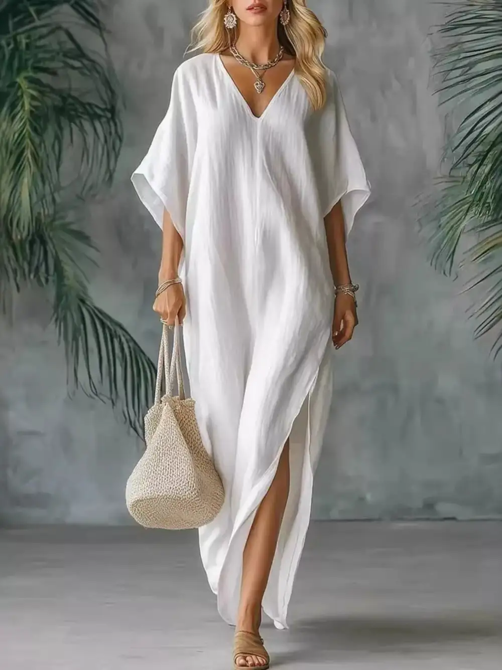 Full Size V Neck Maxi Dress With Side Slits Plus Size