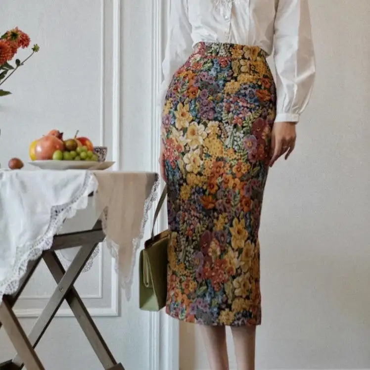 Textured Polished Straight Floral Skirt