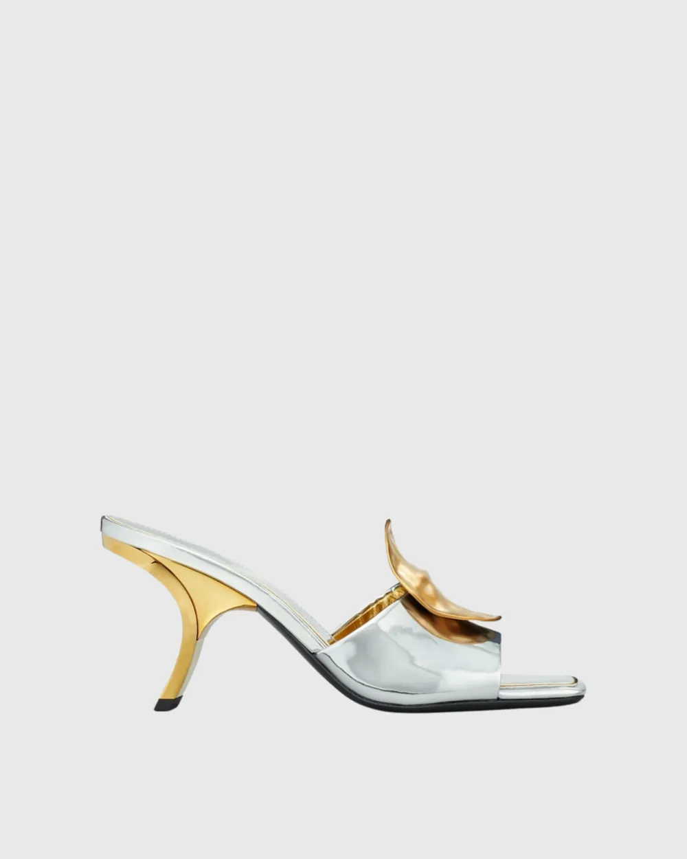 Metal Coin Asymmetrical Slippers in Silver