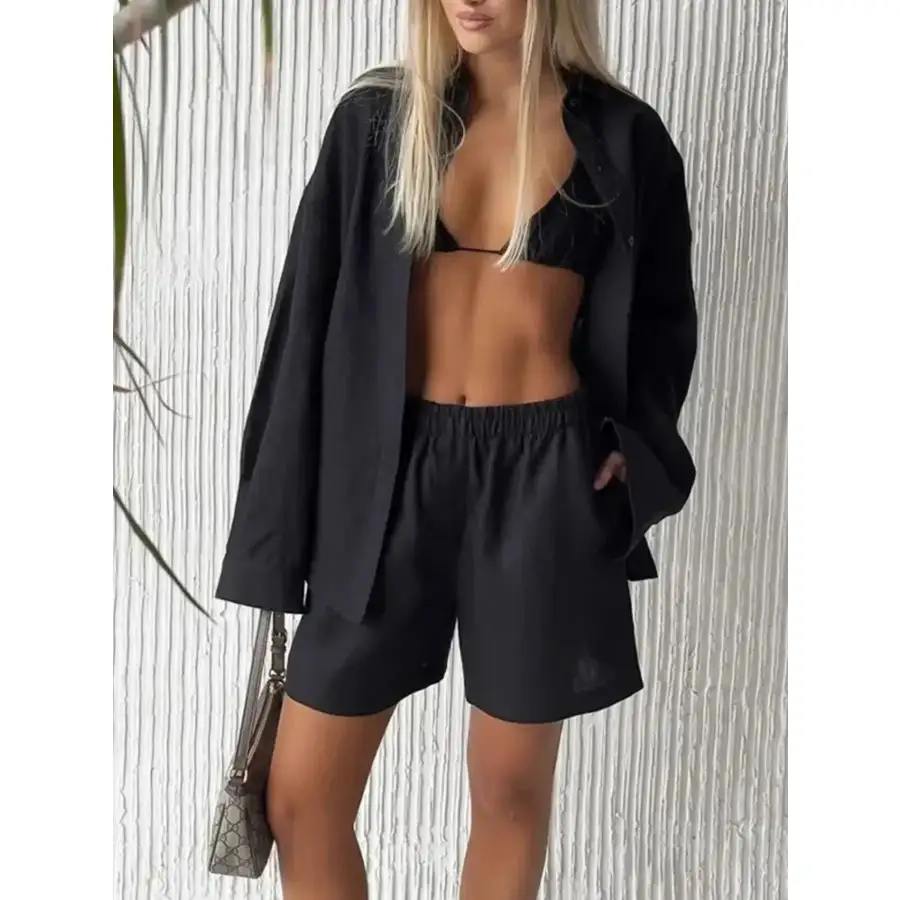 Button Up Long Sleeve Shirt and Shorts Set