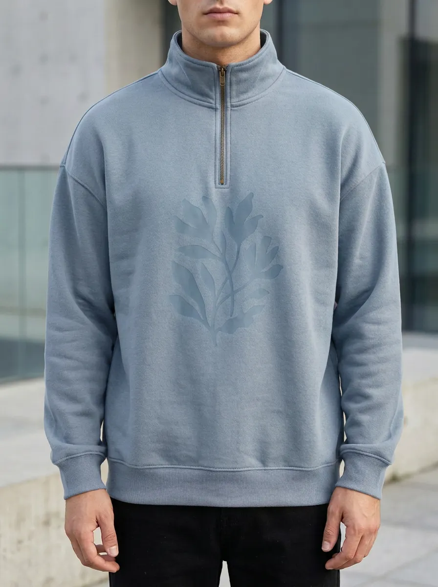 Casual Half-Zip Botanical Leaf-Pattern Men's Half-Zip Sweatshirt