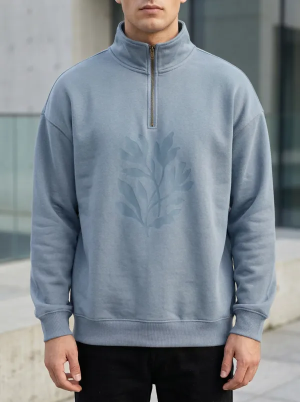 Casual Half-Zip Botanical Leaf-Pattern Men's Half-Zip Sweatshirt