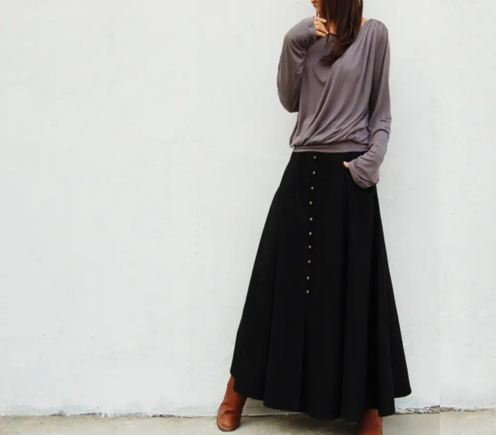 Relaxed Pleated Wool A Line Maxi Skirt