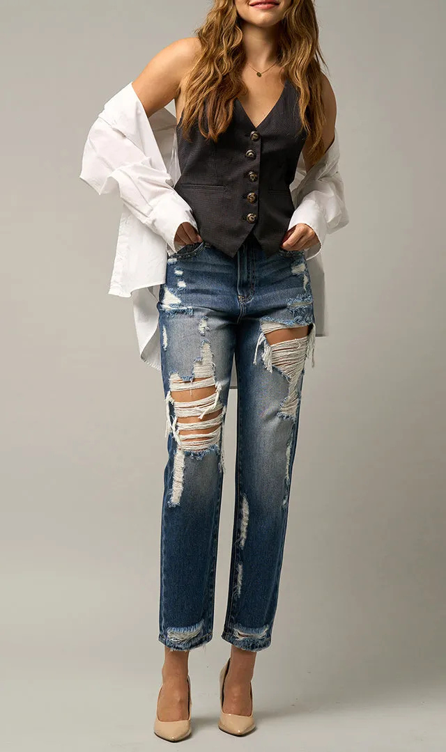 High Waist Straight Heavy Distressed Jeans