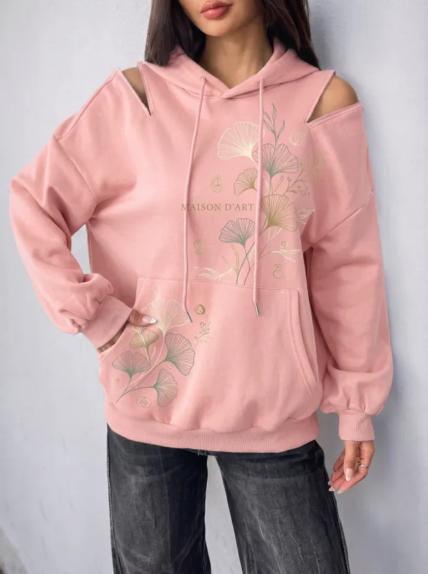 Women's Botanical Ginkgo Leaf Maison D'Art Printed Cold Shoulder Hoodie