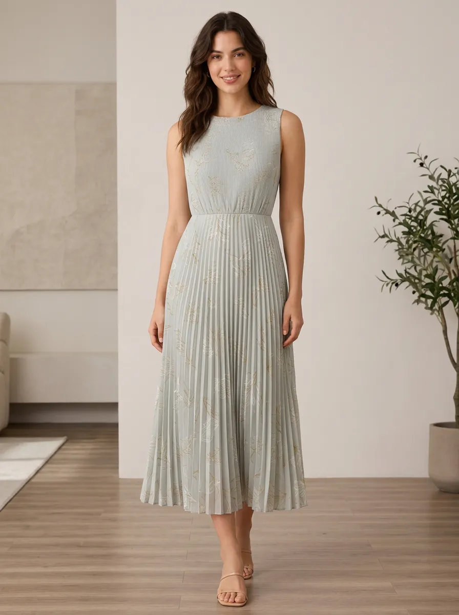Women's Botanical Leaf Print Pleated Sleeveless Midi Dress