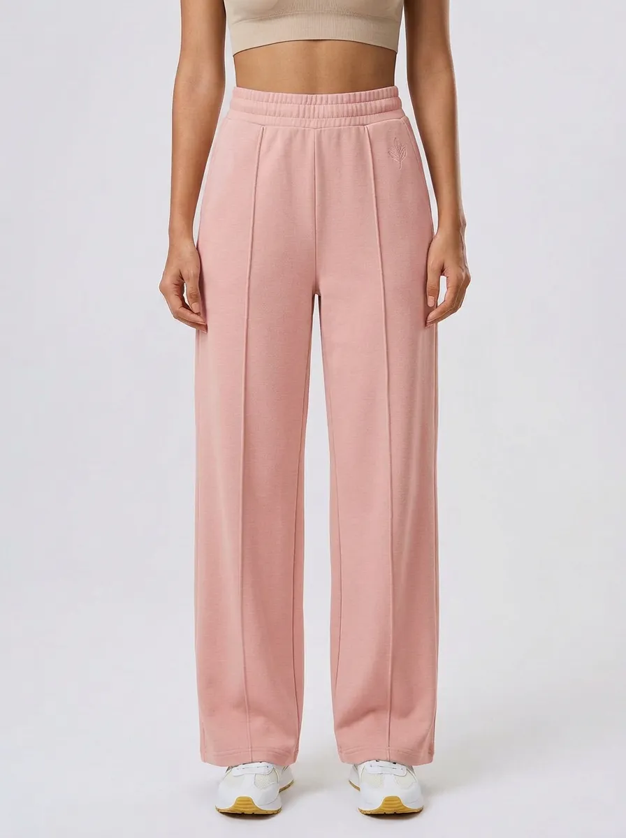 Women's Minimalist Solid Beige Embroidered Leaf Printed Wide Leg Sweatpants