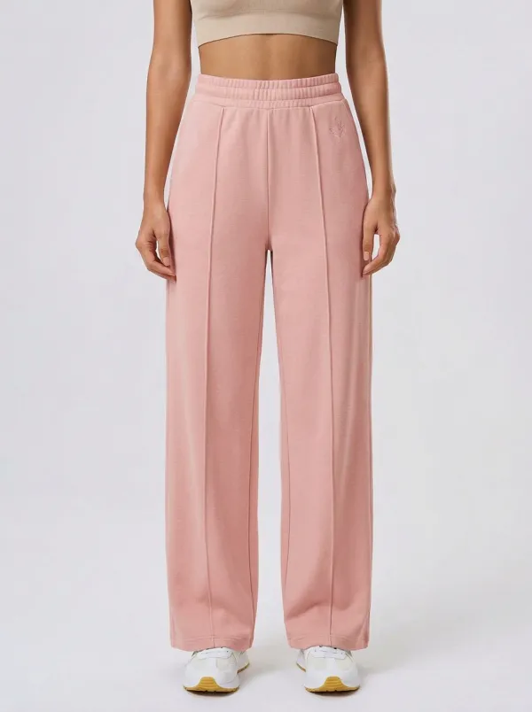 Women's Minimalist Solid Beige Embroidered Leaf Printed Wide Leg Sweatpants