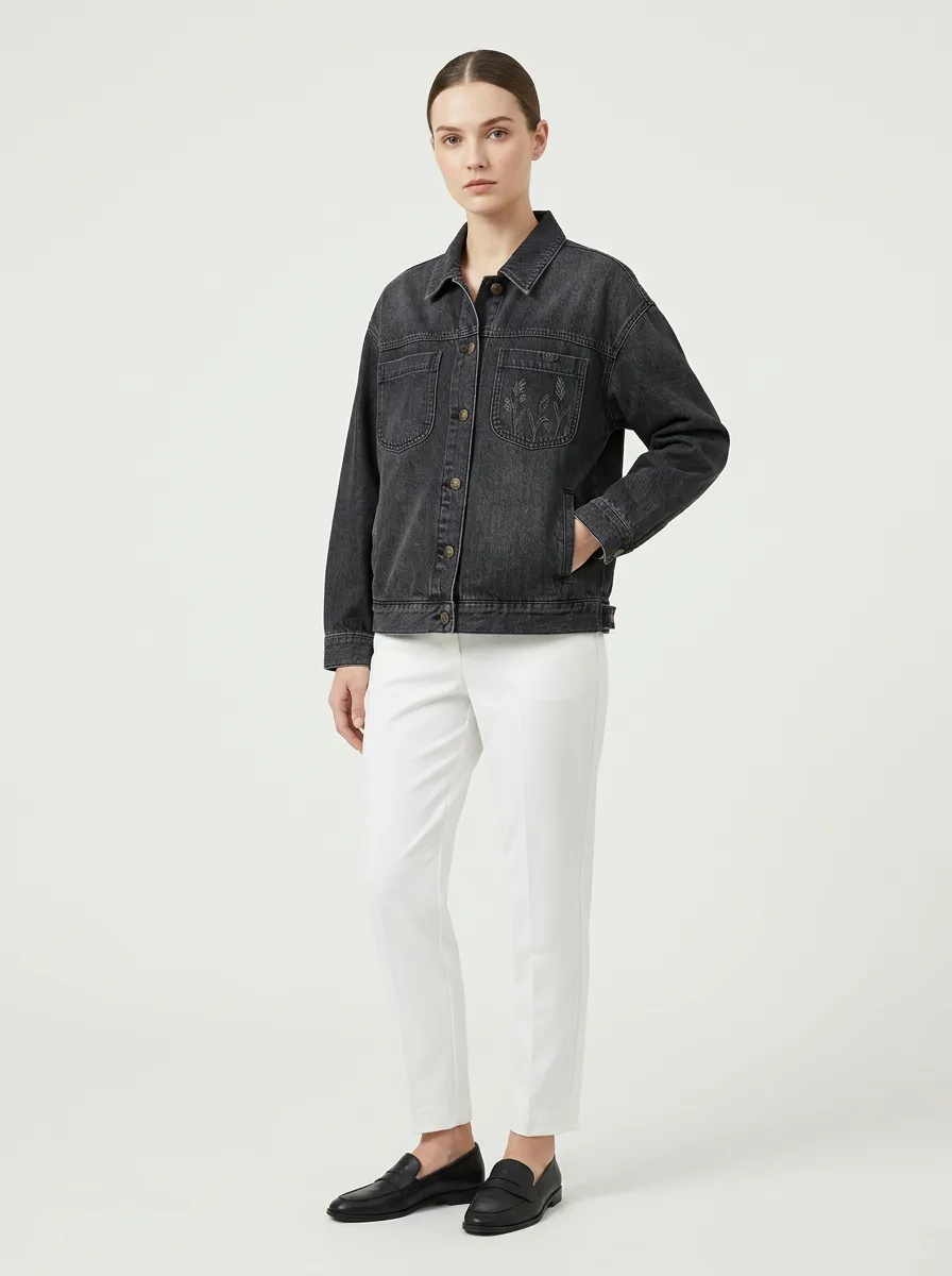 Women's Botanical Minimalist Wheat Embroidered Printed Jacket
