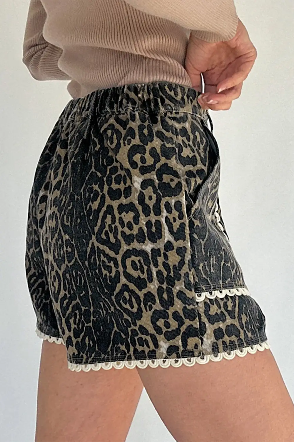 Scalloped Lace-Trim Denim Shorts