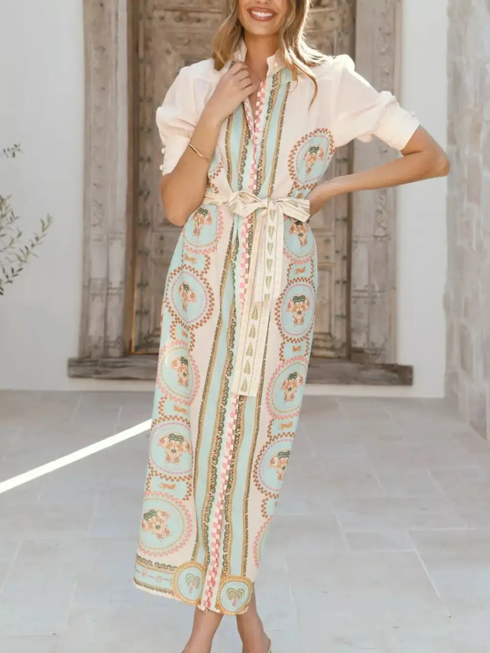 Printed Tie Waist Puff Sleeve Midi Dress